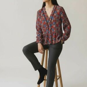 TOPSHOP Floral Print Button Front Peplum Blouse Long Sleeve US 4